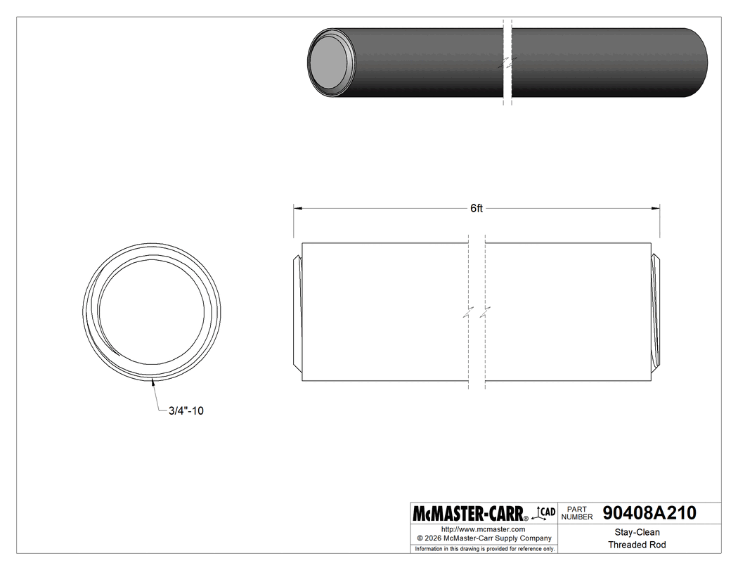 Technical Drawing of Stay-Clean Threaded Rod, Zinc-Plated Steel, 3/4"-10 Thread Size, 6 Feet Long.